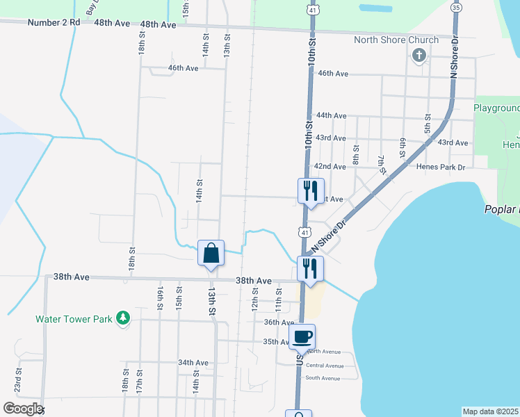 map of restaurants, bars, coffee shops, grocery stores, and more near 1201 41st Avenue in Menominee