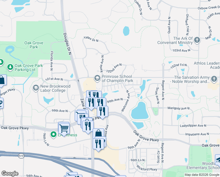 map of restaurants, bars, coffee shops, grocery stores, and more near 5657 100th Lane in Brooklyn Park