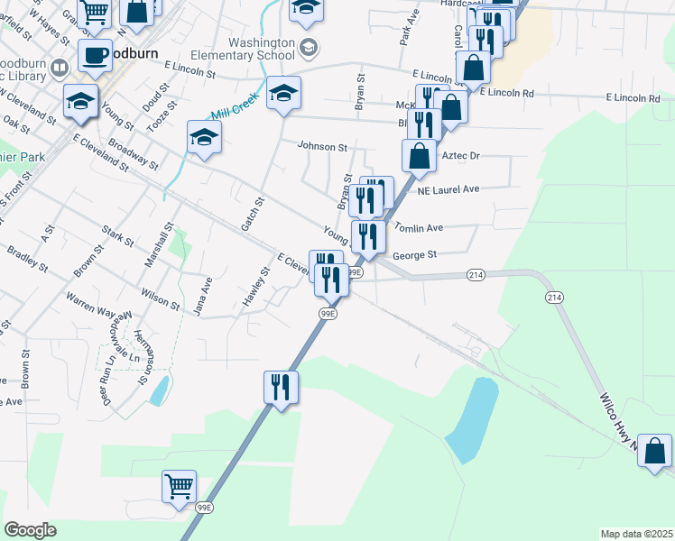 map of restaurants, bars, coffee shops, grocery stores, and more near 119 North Pacific Highway in Woodburn