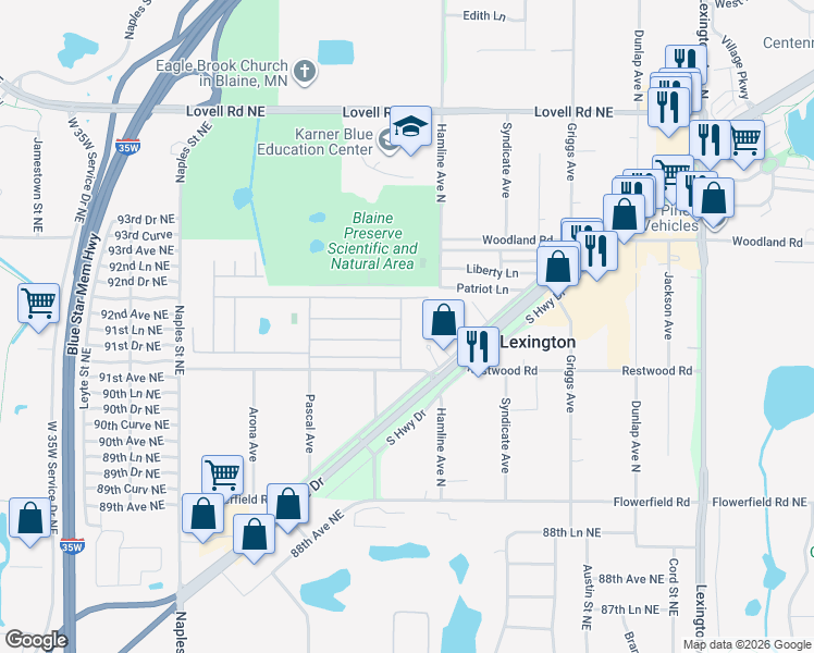 map of restaurants, bars, coffee shops, grocery stores, and more near 9123-9135 Tippecanoe Street Northeast in Circle Pines