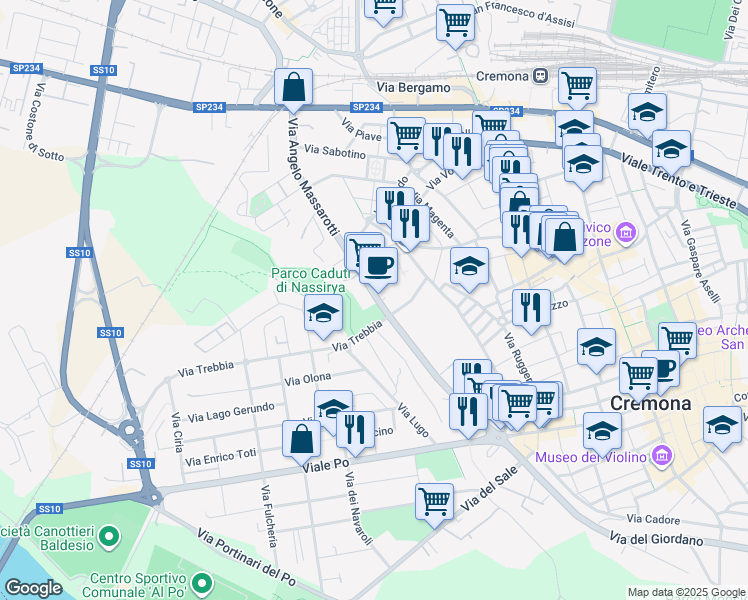 map of restaurants, bars, coffee shops, grocery stores, and more near 46 Via Angelo Massarotti in Cremona