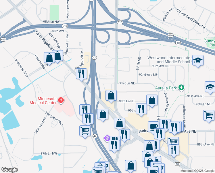 map of restaurants, bars, coffee shops, grocery stores, and more near 9118 Butternut Street Northwest in Minneapolis