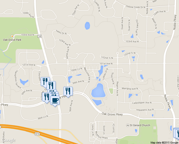 map of restaurants, bars, coffee shops, grocery stores, and more near 9993 Vera Cruz Lane in Brooklyn Park