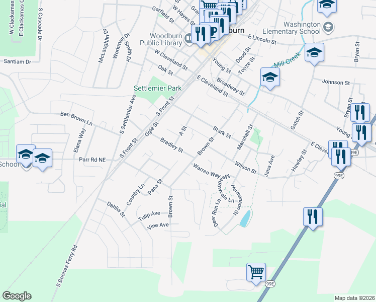 map of restaurants, bars, coffee shops, grocery stores, and more near 435 Bradley Street in Woodburn
