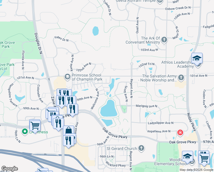 map of restaurants, bars, coffee shops, grocery stores, and more near 9964 Vera Cruz Lane in Brooklyn Park