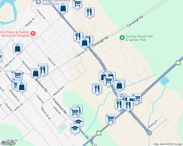 map of restaurants, bars, coffee shops, grocery stores, and more near 438 McNeely Avenue in Carleton Place