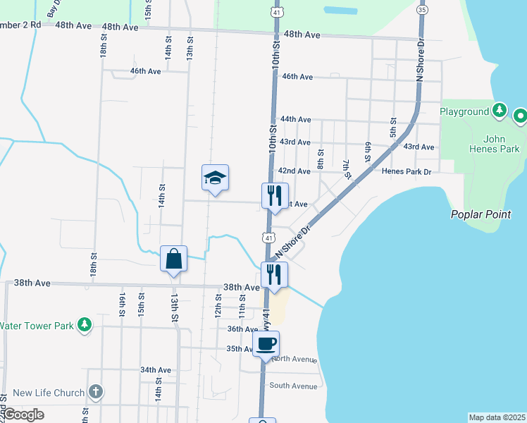 map of restaurants, bars, coffee shops, grocery stores, and more near 1001-1221 41st Ave in Menominee