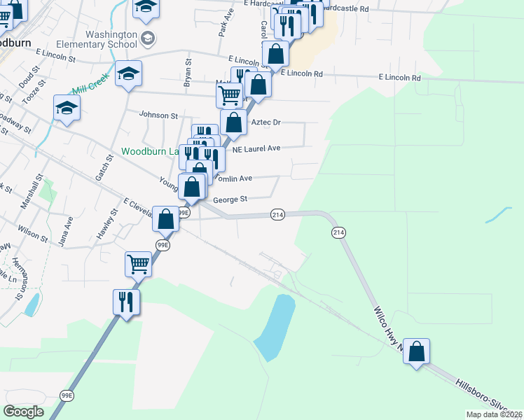 map of restaurants, bars, coffee shops, grocery stores, and more near 1595 Silverton Rd in Woodburn