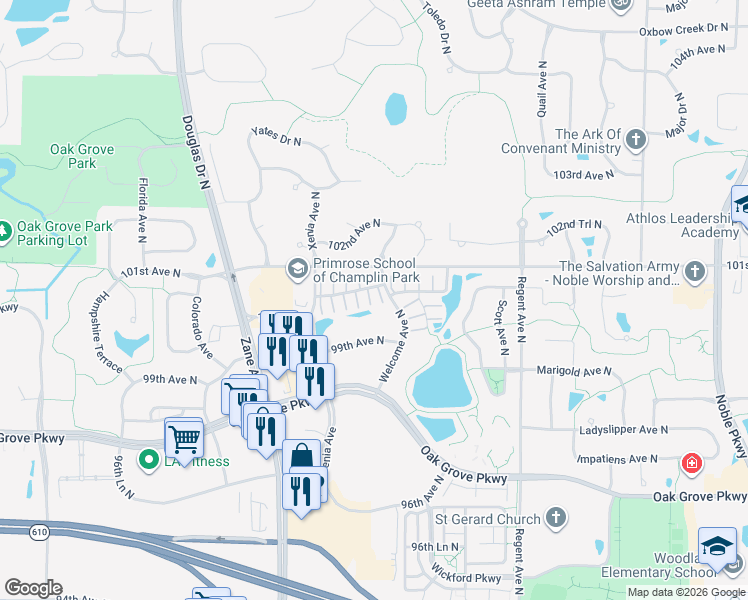 map of restaurants, bars, coffee shops, grocery stores, and more near 5613 100th Lane in Brooklyn Park