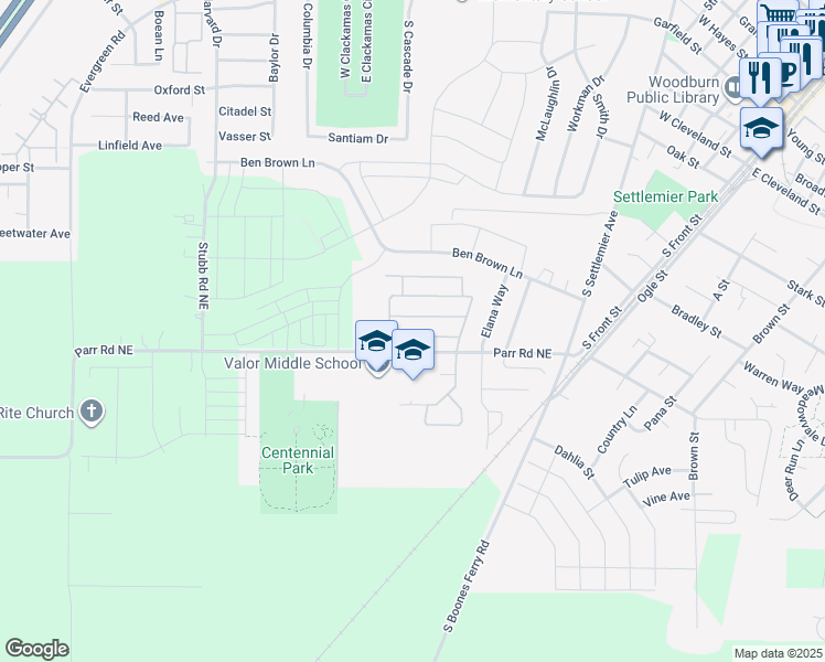 map of restaurants, bars, coffee shops, grocery stores, and more near 567 Wheat Street in Woodburn