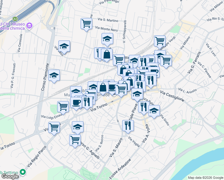 map of restaurants, bars, coffee shops, grocery stores, and more near 32A Via Camillo Benso Conte di Cavour in Settimo Torinese