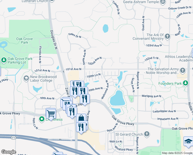map of restaurants, bars, coffee shops, grocery stores, and more near 5627 100th Lane North in Brooklyn Park