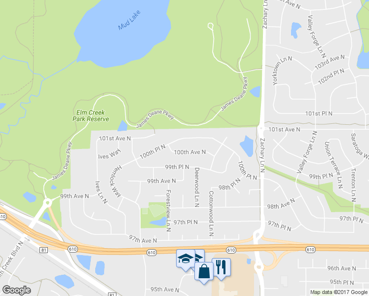 map of restaurants, bars, coffee shops, grocery stores, and more near 11624 100th Avenue North in Maple Grove