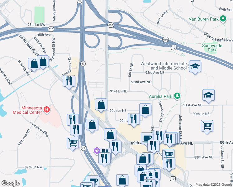 map of restaurants, bars, coffee shops, grocery stores, and more near 66 91st Lane Northeast in Blaine