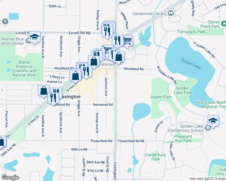 map of restaurants, bars, coffee shops, grocery stores, and more near 9065 Lexington Avenue Northeast in Circle Pines