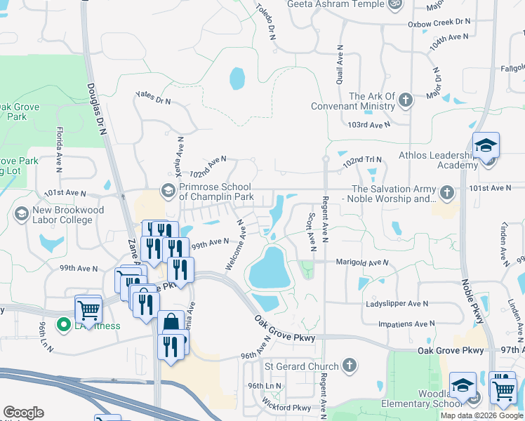 map of restaurants, bars, coffee shops, grocery stores, and more near 9964 Vera Cruz Lane in Brooklyn Park