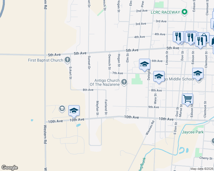 map of restaurants, bars, coffee shops, grocery stores, and more near 1607 Beattie Avenue in Antigo