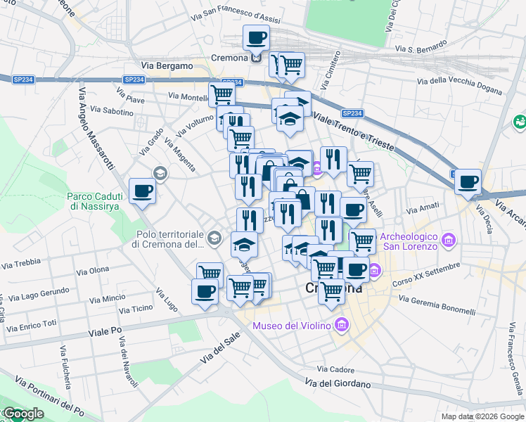 map of restaurants, bars, coffee shops, grocery stores, and more near 1 Via Polluce in Cremona