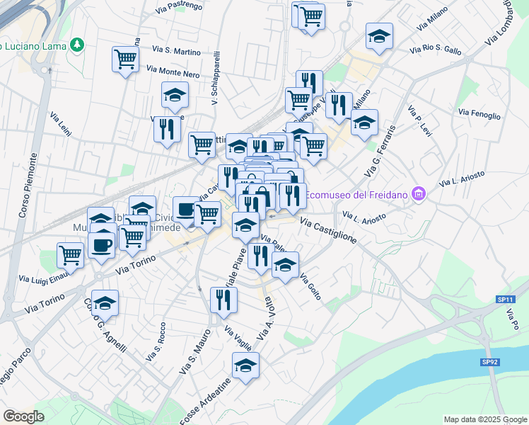 map of restaurants, bars, coffee shops, grocery stores, and more near 20 Via Castiglione in Settimo Torinese