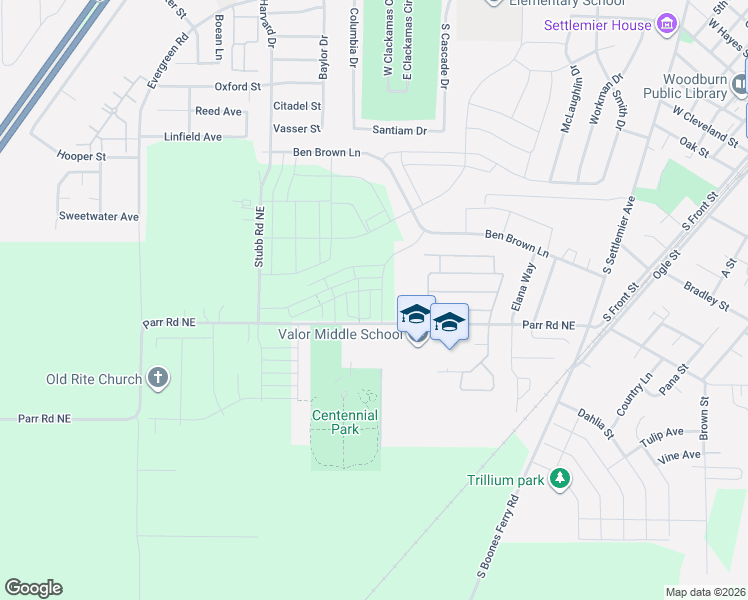map of restaurants, bars, coffee shops, grocery stores, and more near 440-450 Parr Rd NE in Woodburn