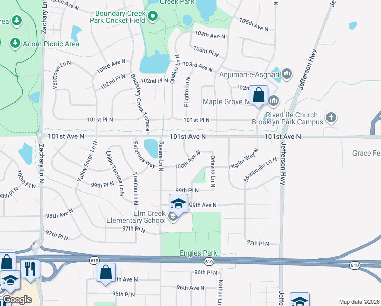 map of restaurants, bars, coffee shops, grocery stores, and more near 10020 Quaker Lane North in Maple Grove