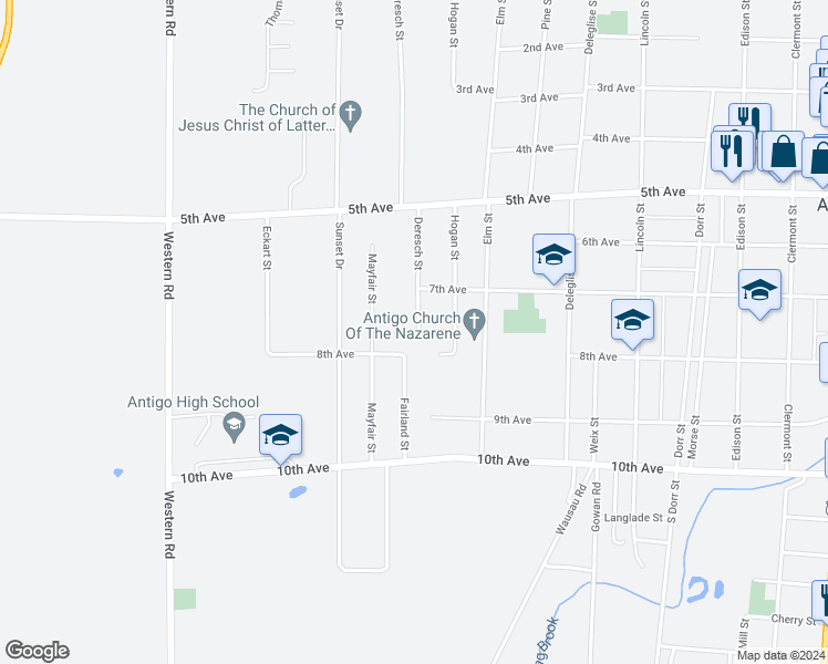 map of restaurants, bars, coffee shops, grocery stores, and more near 226 Deresch Street in Antigo