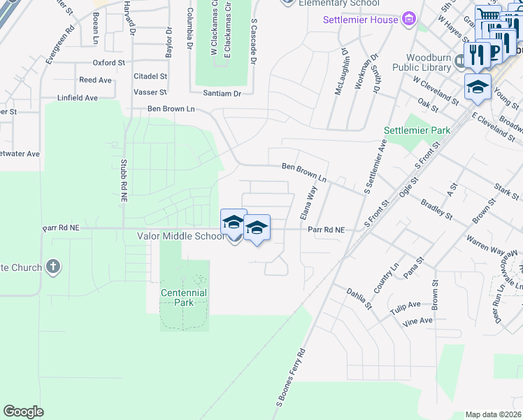 map of restaurants, bars, coffee shops, grocery stores, and more near 567 Wheat Street in Woodburn