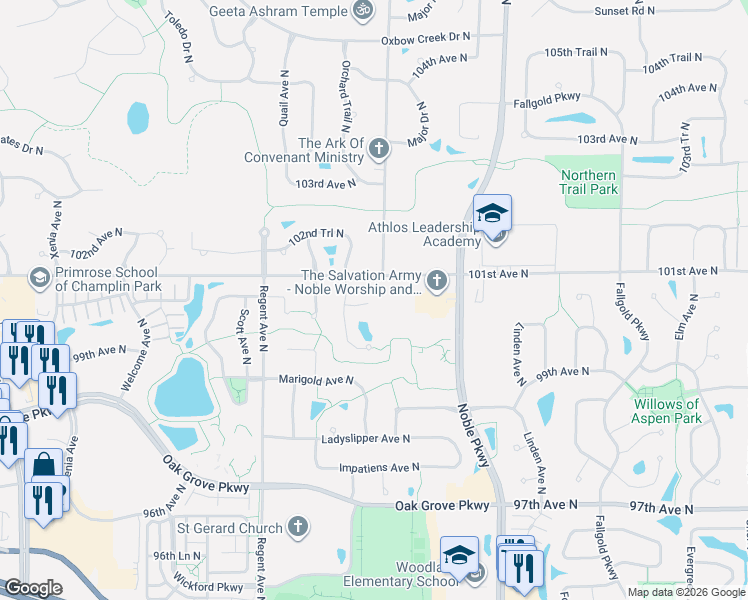 map of restaurants, bars, coffee shops, grocery stores, and more near 10018 Northwood Court North in Minneapolis