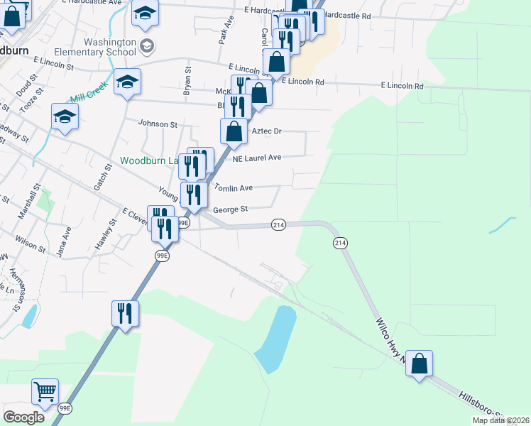 map of restaurants, bars, coffee shops, grocery stores, and more near 1595 Silverton Road in Woodburn
