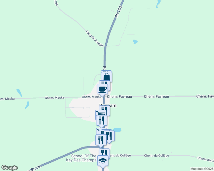 map of restaurants, bars, coffee shops, grocery stores, and more near 3615 Rue Principale in Dunham
