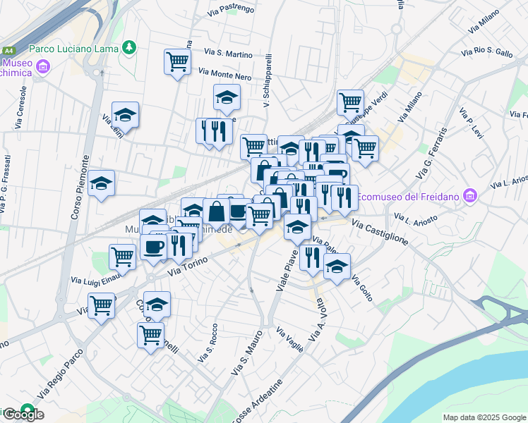 map of restaurants, bars, coffee shops, grocery stores, and more near 12 Via Pietro Giannone in Settimo Torinese