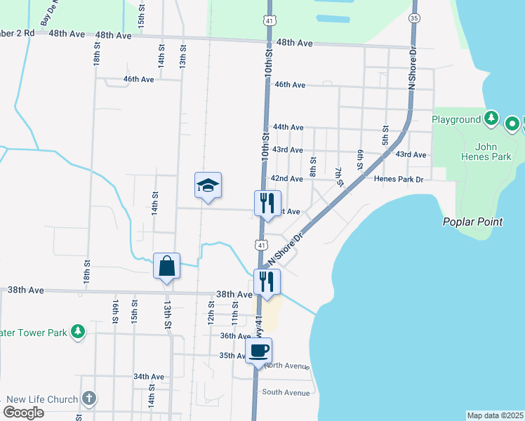 map of restaurants, bars, coffee shops, grocery stores, and more near 1001 41st Avenue in Menominee