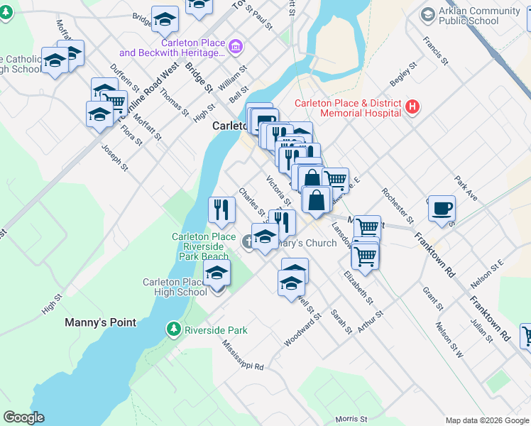 map of restaurants, bars, coffee shops, grocery stores, and more near 57 Charles Street in Carleton Place