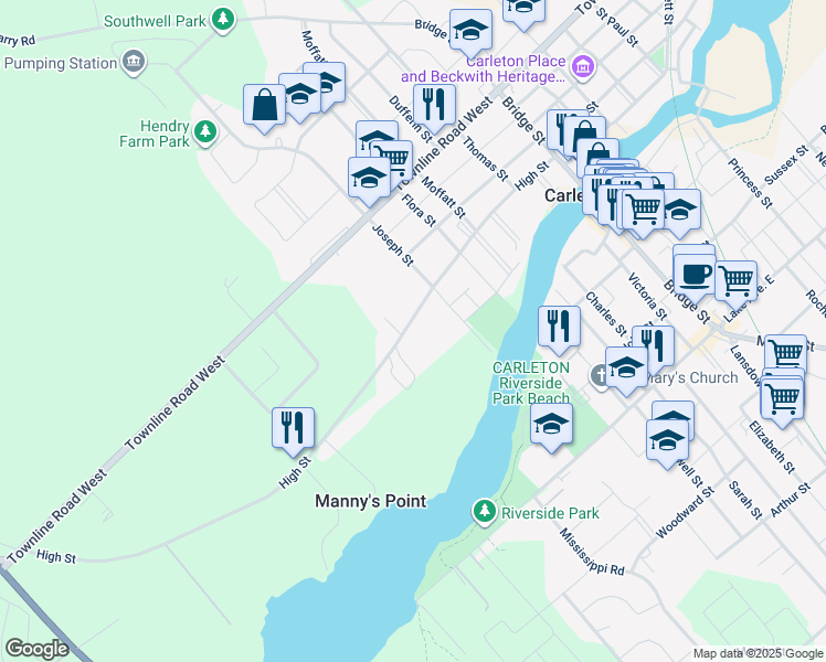 map of restaurants, bars, coffee shops, grocery stores, and more near 228 High Street in Carleton Place