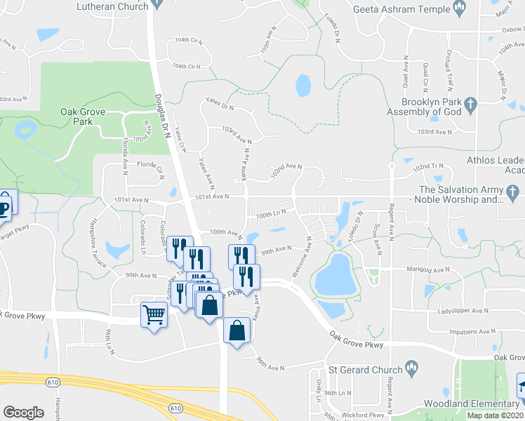 map of restaurants, bars, coffee shops, grocery stores, and more near 5640 100th Lane North in Brooklyn Park
