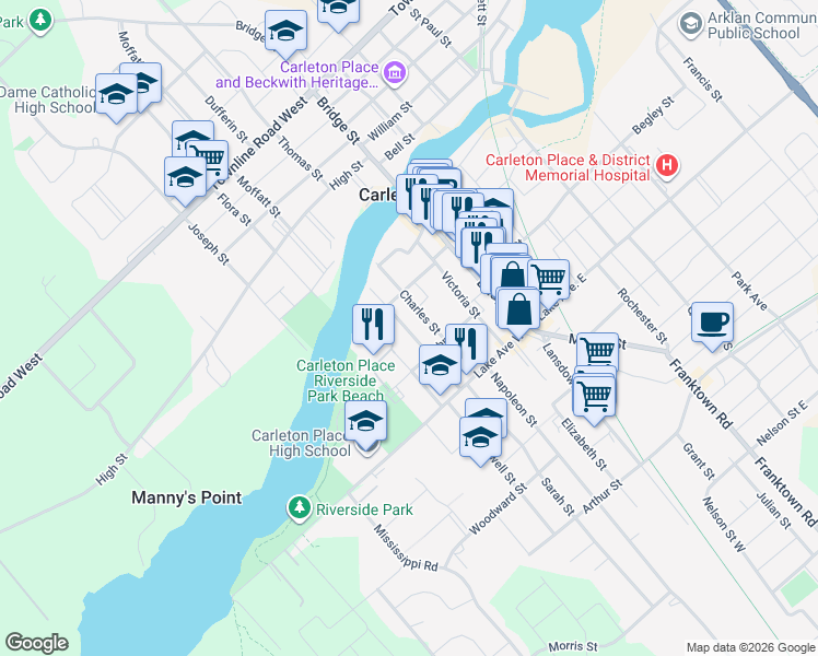 map of restaurants, bars, coffee shops, grocery stores, and more near 81 Frank Street in Carleton Place
