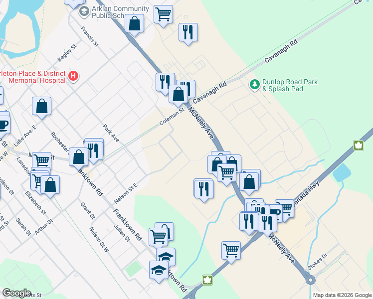 map of restaurants, bars, coffee shops, grocery stores, and more near 438 McNeely Avenue in Carleton Place