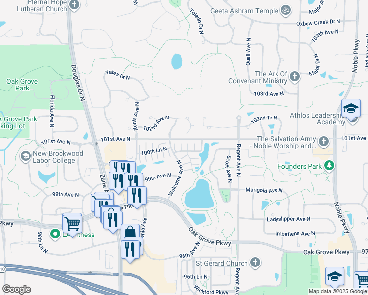 map of restaurants, bars, coffee shops, grocery stores, and more near 9993 Vera Cruz Lane in Brooklyn Park