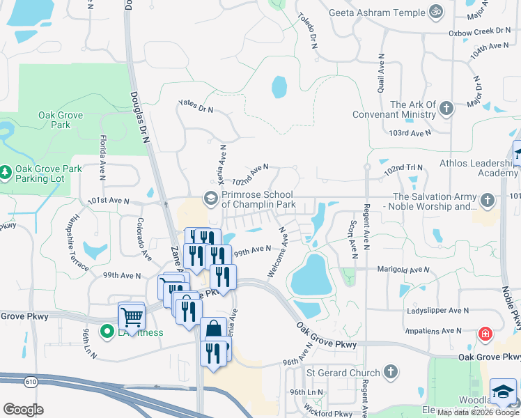 map of restaurants, bars, coffee shops, grocery stores, and more near 5613 100th Lane in Brooklyn Park
