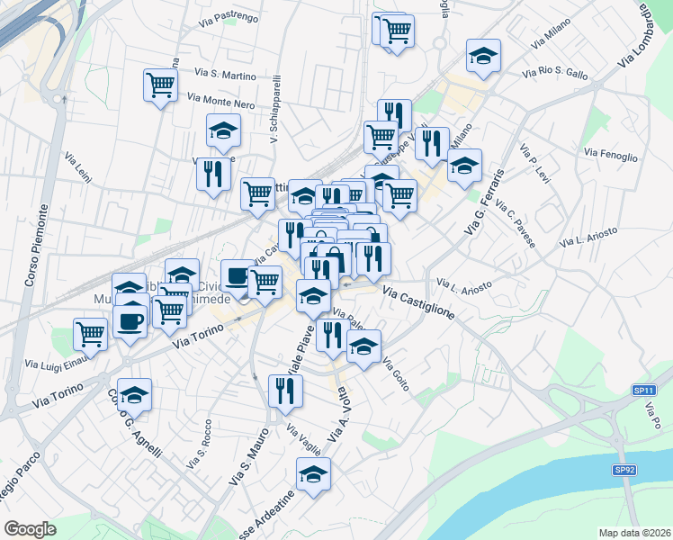 map of restaurants, bars, coffee shops, grocery stores, and more near 20 Via Castiglione in Settimo Torinese