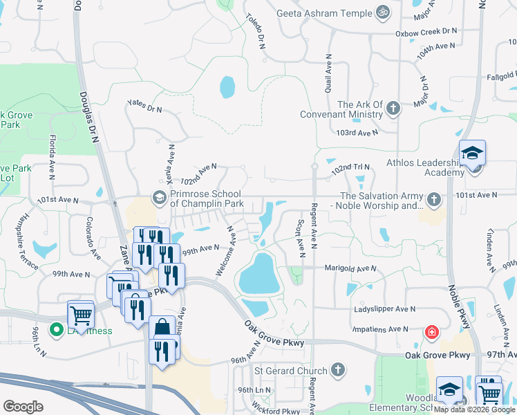 map of restaurants, bars, coffee shops, grocery stores, and more near 9964 Vera Cruz Lane in Brooklyn Park