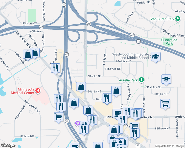 map of restaurants, bars, coffee shops, grocery stores, and more near 66 91st Lane Northeast in Blaine