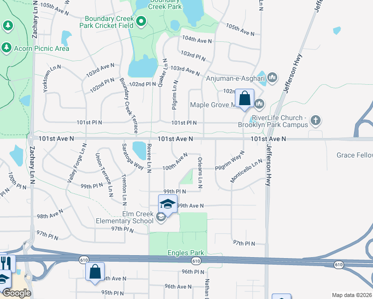 map of restaurants, bars, coffee shops, grocery stores, and more near 10020 Quaker Lane North in Maple Grove