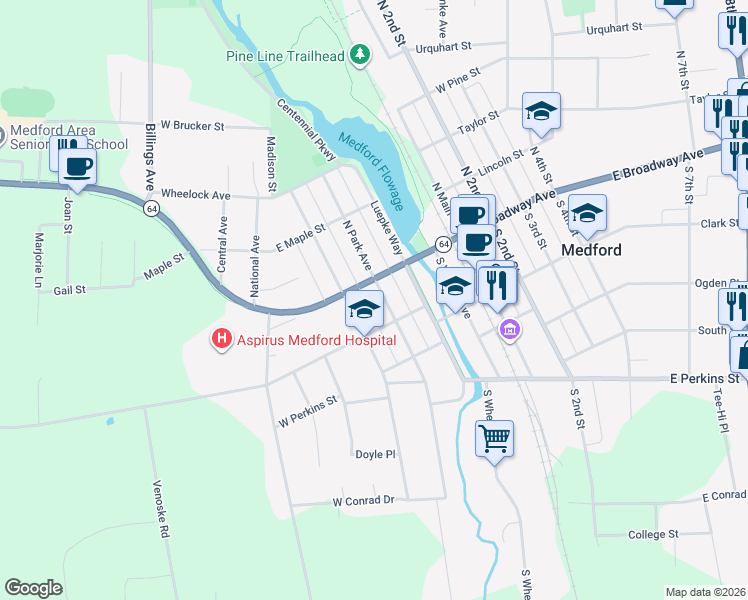 map of restaurants, bars, coffee shops, grocery stores, and more near 138 South Washington Avenue in Medford