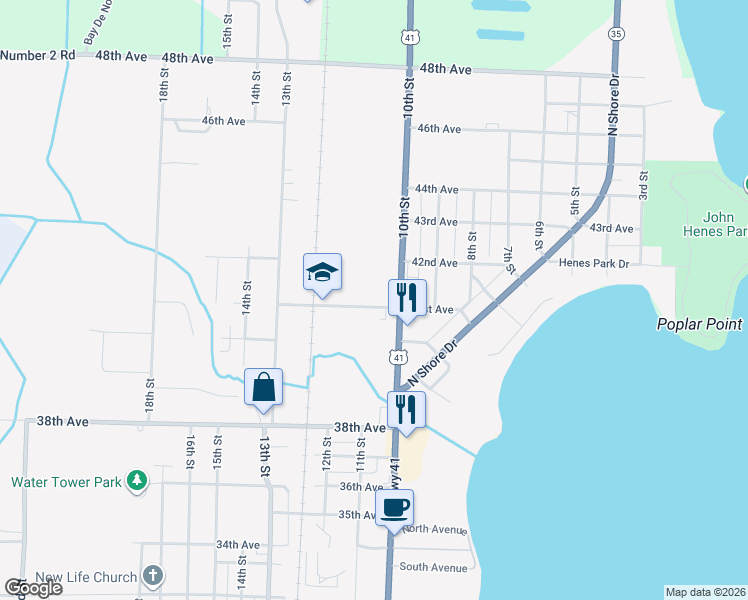 map of restaurants, bars, coffee shops, grocery stores, and more near 1001-1221 41st Ave in Menominee