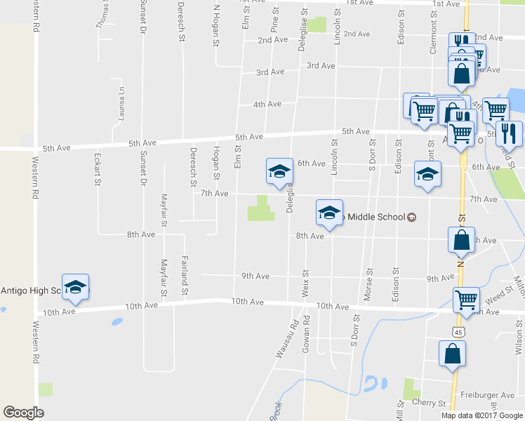 map of restaurants, bars, coffee shops, grocery stores, and more near 398 Deleglise Street in Antigo
