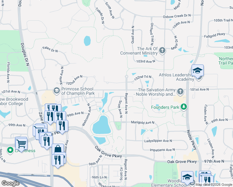 map of restaurants, bars, coffee shops, grocery stores, and more near 10036 Toledo Drive North in Minneapolis