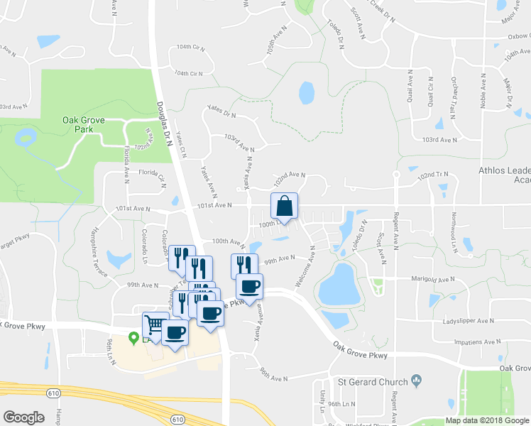 map of restaurants, bars, coffee shops, grocery stores, and more near 5657 100th Lane in Brooklyn Park