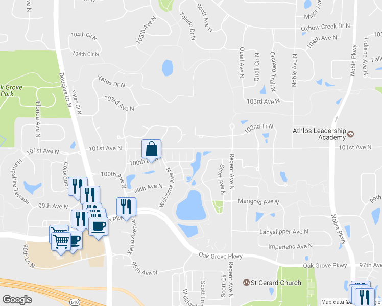 map of restaurants, bars, coffee shops, grocery stores, and more near 5400 100th Lane North in Brooklyn Park
