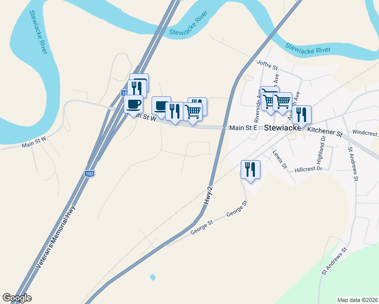 map of restaurants, bars, coffee shops, grocery stores, and more near 30 Main Street West in Stewiacke